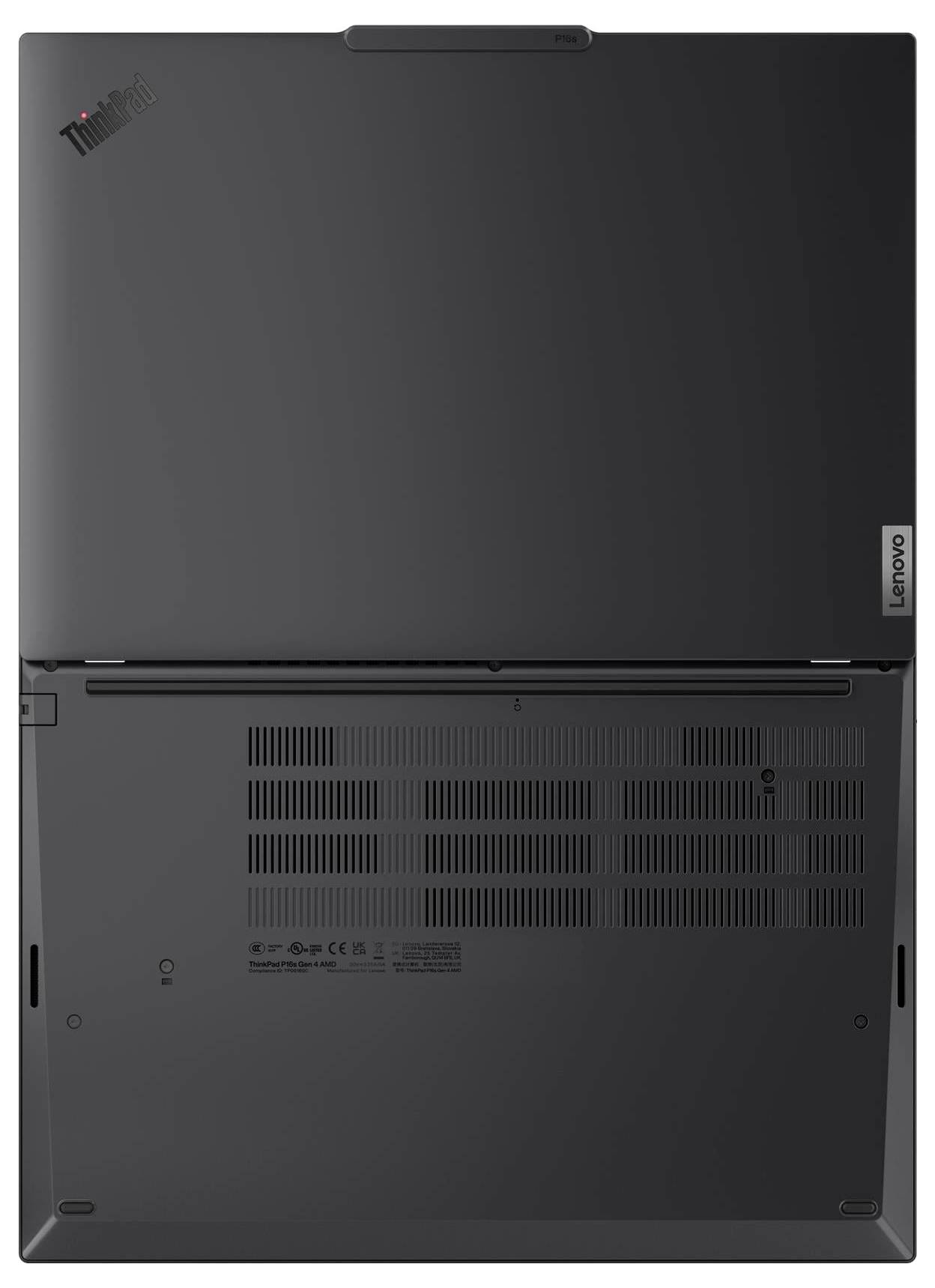 Laptop von unten geschlossen, mit sichtbaren Lüftungsschlitzen und Markenetiketten. Die Oberfläche ist matt schwarz.