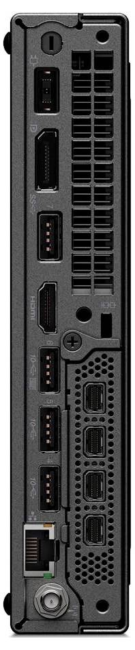 Rückansicht eines Computergehäuses mit mehreren Anschlüssen: zwei HDMI-Ports, zwei USB-Anschlüsse, ein Ethernet-Anschluss und zusätzliche kleinere Ports für Konnektivität.