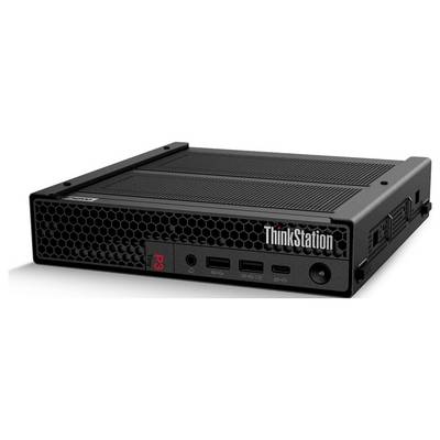 Eine kompakte schwarze Computer-Workstation mit 'ThinkStation'- und 'P3'-Branding auf der Vorderseite, ausgestattet mit mehreren USB-Anschlüssen und Lüftungsschlitzen.
