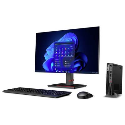 Ein modernes Desktop-Setup mit einem großen Monitor, auf dem ein Windows-Startbildschirm angezeigt wird, zusammen mit einer Tastatur, einer Maus und einem kompakten CPU-Gehäuse.
