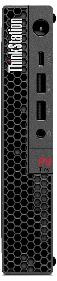 Eine Frontansicht eines kompakten ThinkStation P3 Tiny Computers mit mehreren Anschlüssen, einschließlich USB und Kopfhörerbuchse, mit einem Wabennetzdesign.