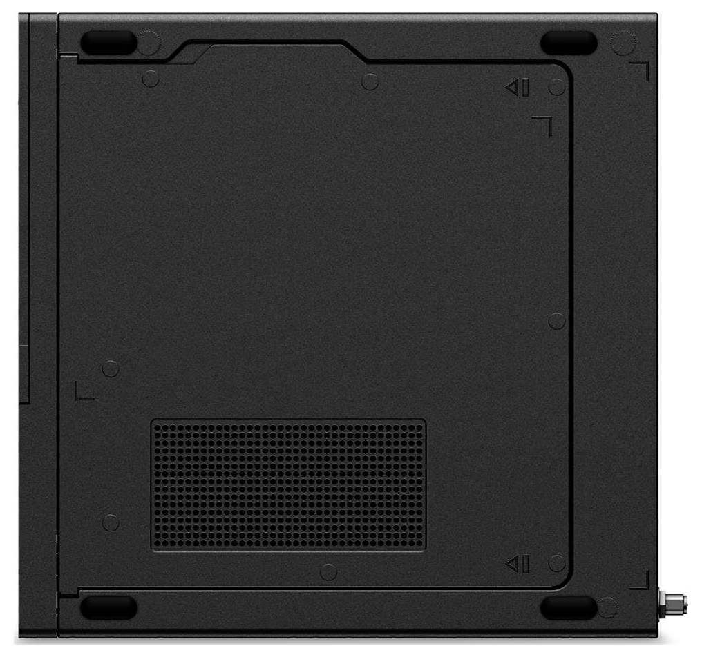 Schwarzes elektronisches Gerät Seitenpanel mit Lüftungsgitter und kleinen Gummifüßen an den Ecken. Wahrscheinlich eine Komponente eines Computers oder einer Spielkonsole.