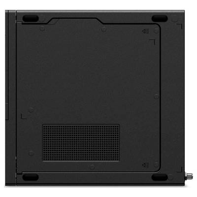 Schwarzes elektronisches Gerät Seitenpanel mit Lüftungsgitter und kleinen Gummifüßen an den Ecken. Wahrscheinlich eine Komponente eines Computers oder einer Spielkonsole.