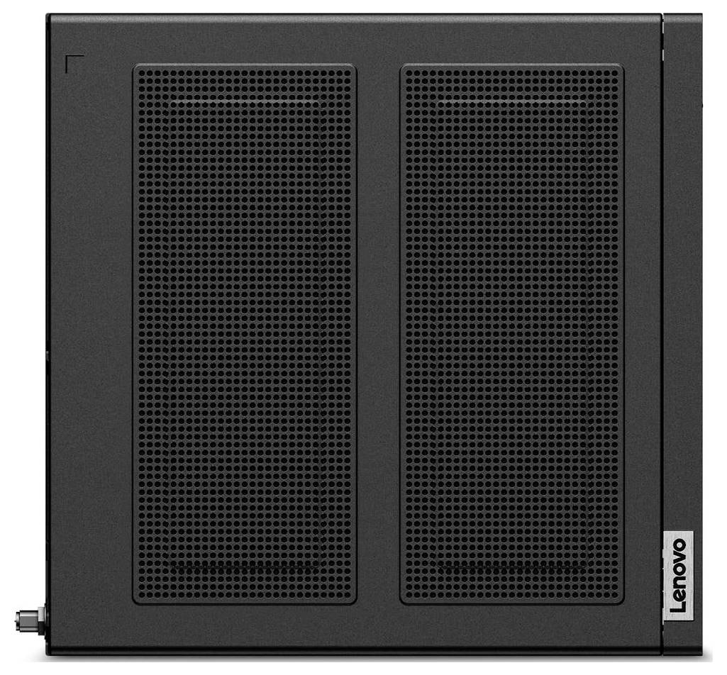 Ein schwarzes Lenovo-Computergehäuse mit Lüftungsöffnungen an den Seiten, entwickelt für effiziente Kühlung und Hardwareschutz.