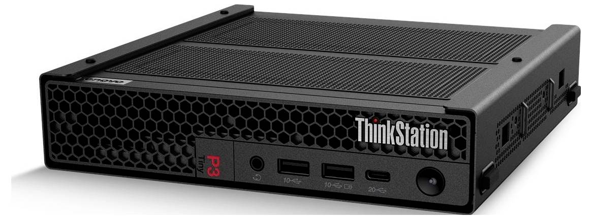 Ein kompakter schwarzer Computer mit der Beschriftung 'ThinkStation P3'. Die Frontplatte verfügt über USB-Anschlüsse, Audioausgänge und einen Einschaltknopf.