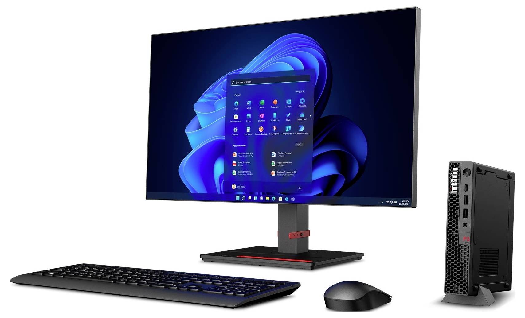 Eine Computereinrichtung mit einem schlanken Monitor, der einen blau-designten Desktop zeigt, begleitet von einer Tastatur, einer Maus und einem kompakten CPU-Gehäuse auf der rechten Seite.