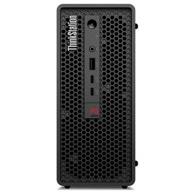 'ThinkStation P3 Ultra' Desktop-Tower mit einem Wabengitter-Frontdesign und mehreren Anschlüssen, einschließlich USB und Audioeingang.
