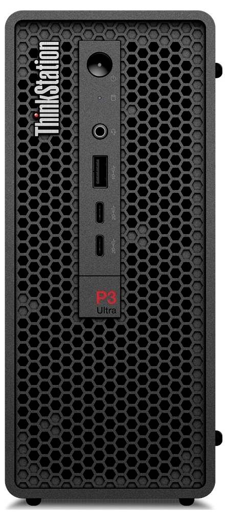 Schwarzes PC-Gehäuse-Frontpanel mit 'ThinkStation'-Branding, ausgestattet mit sechseckigen Lüftungslöchern. Enthält einen Einschaltknopf, USB-Anschlüsse und die Bezeichnung 'P3 Ultra'.