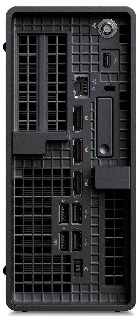 Das Bild zeigt die Rückansicht eines Computers mit verschiedenen Anschlüssen: HDMI, USB, Ethernet und Stromanschluss, wodurch die Konnektivitätsoptionen hervorgehoben werden.