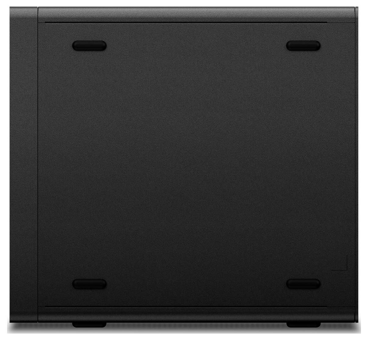 Ein schwarzes, rechteckiges Seitengehäuse eines Computers mit Flügelschrauben an jeder Ecke, das ein minimalistisches Design aufweist.