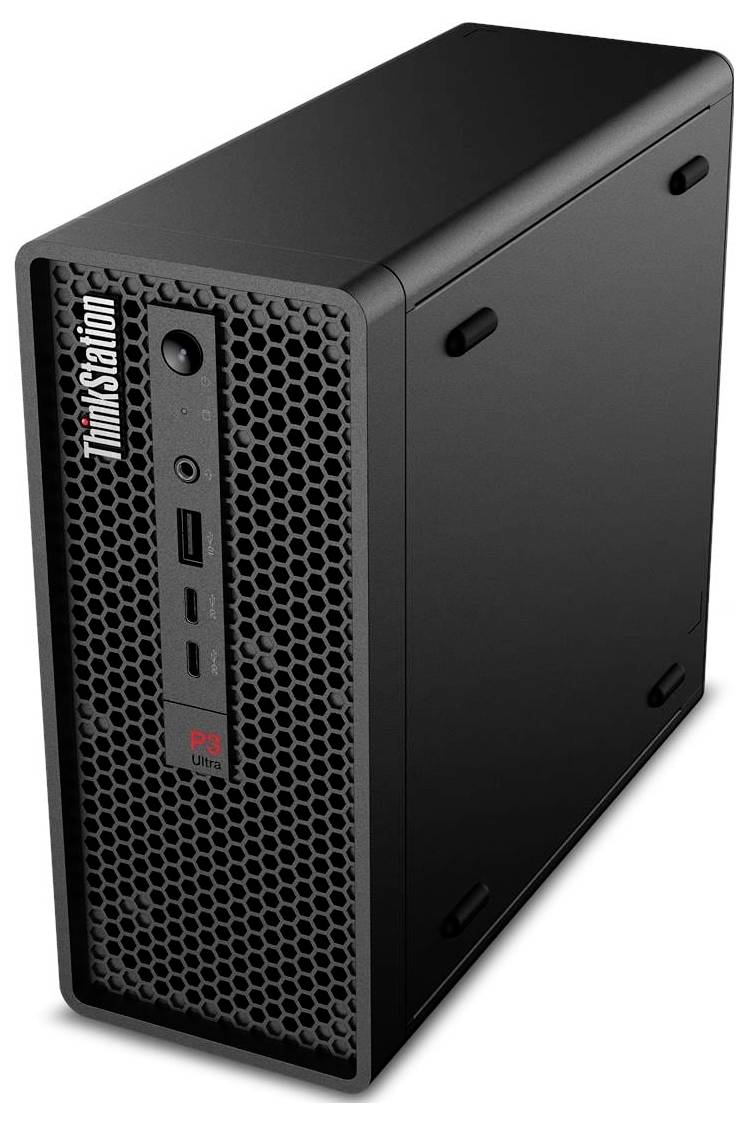 Ein schwarzer Desktop-Computerturm, von vorne und von der Seite betrachtet, mit einem Mesh-Frontpanel, Anschlüssen und dem 'ThinkStation'-Logo.