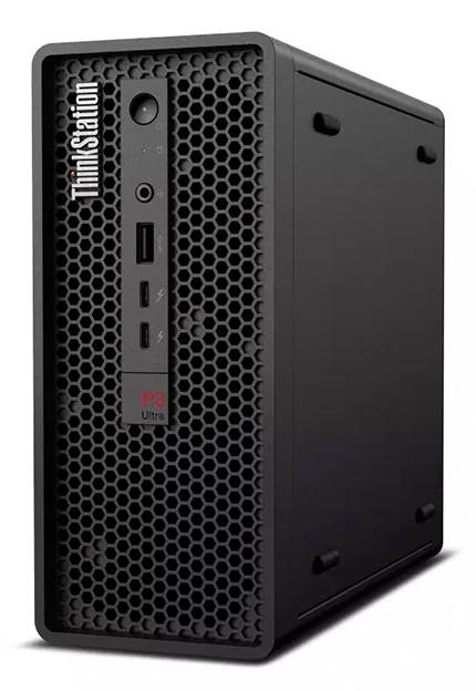 Ein kompakter schwarzer Arbeitsstation-Tower mit einer perforierten Frontblende, die ein 'ThinkStation'-Logo und mehrere USB-Anschlüsse aufweist.