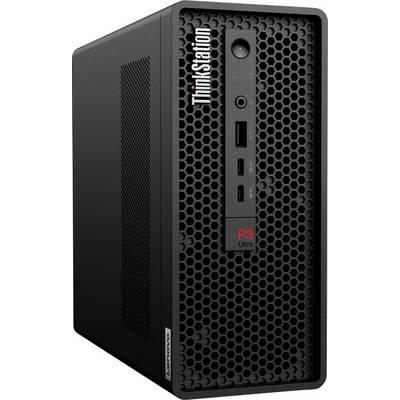 Ein schwarzer Lenovo ThinkStation P3 Ultra Computerturm mit vorderen USB-Anschlüssen und Einschaltknopf, mit den Aufschriften 'ThinkStation' und 'P3 Ultra'.