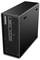 Ein schwarzer Lenovo ThinkStation Desktop-Computer im Small-Form-Factor-Design mit vorderen USB-Anschlüssen und Einschalttaste, der vertikal aufgestellt ist.