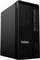 Ein schwarzer Lenovo ThinkStation-Computerturm mit einer Wabengitterfront, mehreren USB-Anschlüssen und dem 'ThinkStation'-Logo an der Seite.
