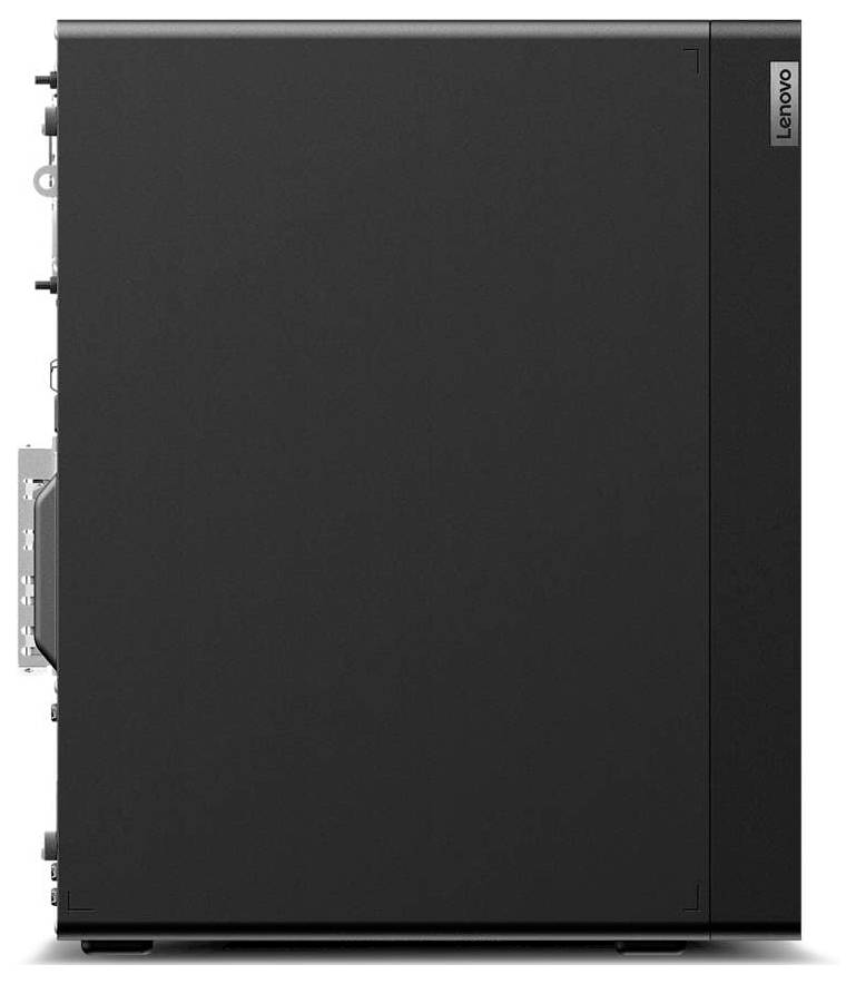 Ein dunkelgrauer Lenovo-Computertower mit minimalistischem Design, der seine elegante Seitenansicht präsentiert.