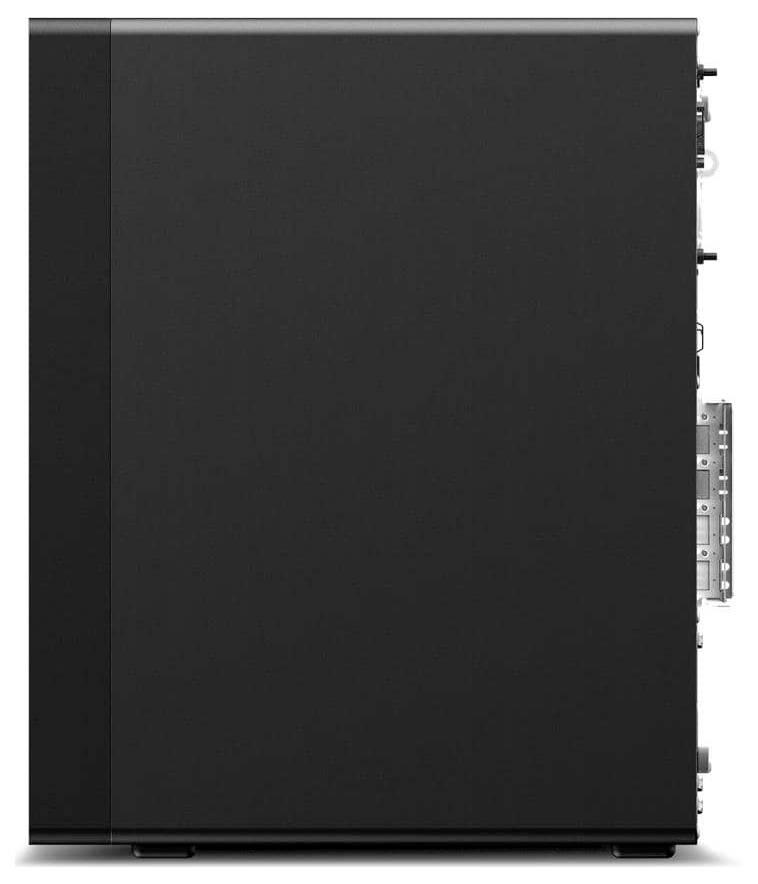 Ein schwarzer Computerturm mit elegantem Design, von der Seite betrachtet. Keine sichtbaren Logos oder charakteristische Merkmale.