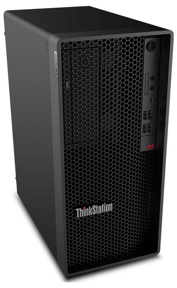 Schwarzer Lenovo ThinkStation Desktop-Tower mit Wabenfrontdesign, mehreren USB-Anschlüssen und Einschaltknopf auf der Frontblende.