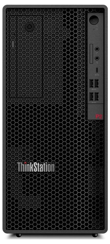 Ein schwarzer Lenovo ThinkStation-Computertower mit einem Wabengitterdesign an der Front, ausgestattet mit USB-Anschlüssen und einem Einschaltknopf auf der rechten Seite.