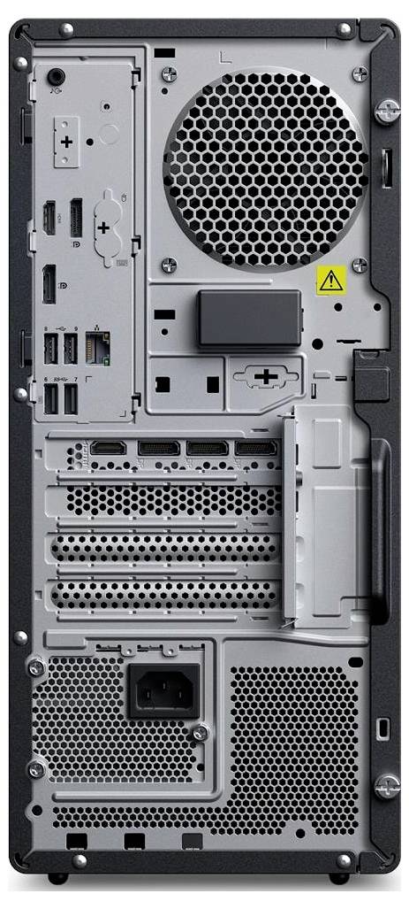 Rückseite eines Computertowers mit mehreren Anschlüssen, darunter USB-, HDMI- und Ethernet-Ports, einer Stromanschluss-Buchse und Lüftungsöffnungen.