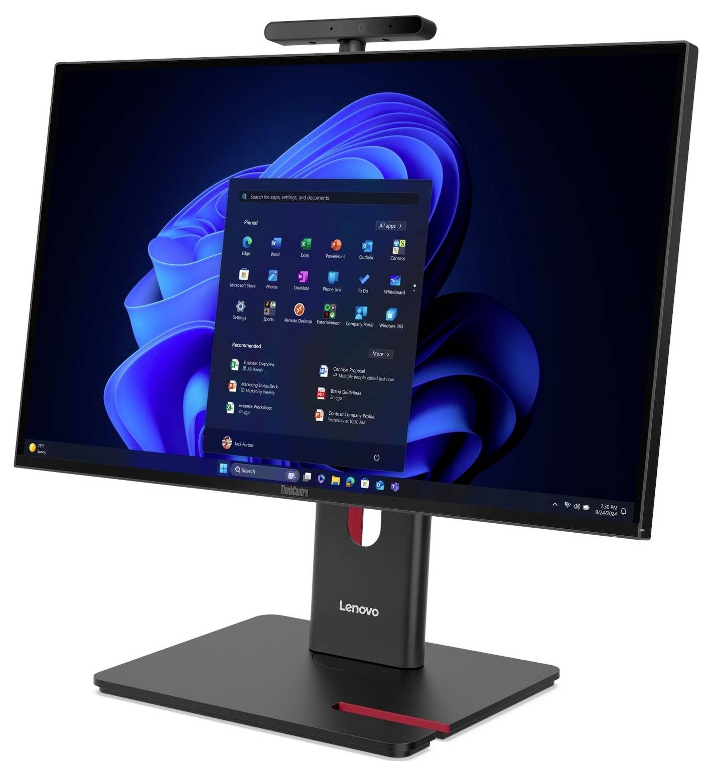 Ein Computermonitor, der das Windows 11 Startmenü mit verschiedenen Anwendungssymbolen zeigt. Das Lenovo-Logo ist an der Basis des Monitors sichtbar.