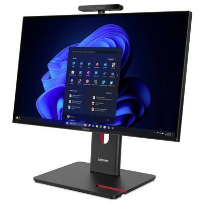 Ein Computermonitor, der das Windows 11 Startmenü mit verschiedenen Anwendungssymbolen zeigt. Das Lenovo-Logo ist an der Basis des Monitors sichtbar.