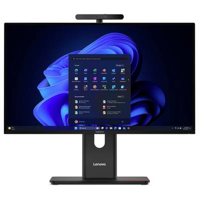 Ein Computermonitor, der den Windows 11 Startmenü-Bildschirm zeigt, mit verschiedenen angehefteten Apps und einem blauen abstrakten Hintergrund.