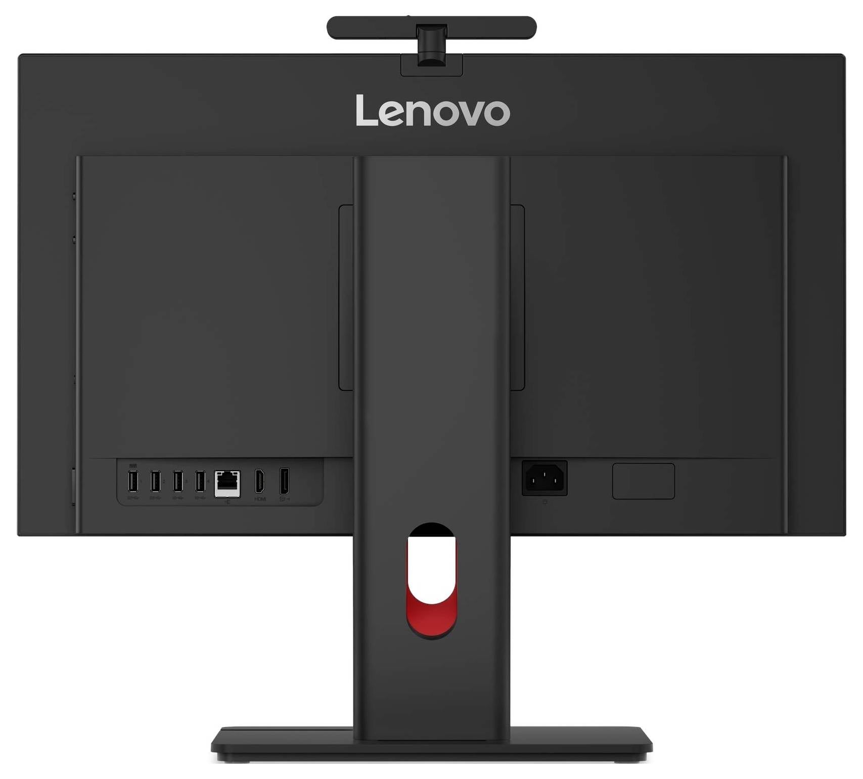 Das Bild zeigt die Rückansicht eines schwarzen Lenovo-Computermonitors mit verschiedenen Anschlüssen und einem Kabelmanagement-Schlitz, der auf einem Ständer steht.