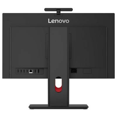 Das Bild zeigt die Rückansicht eines schwarzen Lenovo-Computermonitors mit verschiedenen Anschlüssen und einem Kabelmanagement-Schlitz, der auf einem Ständer steht.