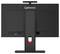 Das Bild zeigt die Rückansicht eines schwarzen Lenovo-Computermonitors mit verschiedenen Anschlüssen und einem Kabelmanagement-Schlitz, der auf einem Ständer steht.