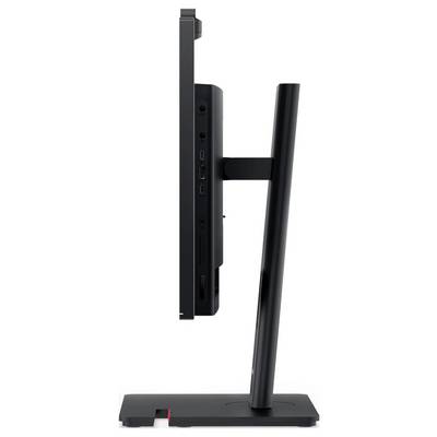 Seitenansicht eines schwarzen Computermonitors auf einem Ständer, der sein schlankes Profil und die Anschlüsse an der Seite zeigt.