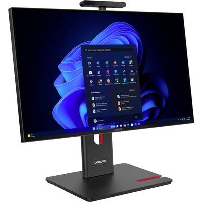 Ein Lenovo-Desktop-Computer, der einen Windows-Betriebssystembildschirm mit verschiedenen Anwendungssymbolen zeigt, vor einem blauen abstrakten Hintergrundbildschirm.