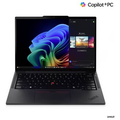 Ein Laptop mit einer bunten Windows-Hintergrundgrafik und einer Anwendung mit dem Titel "Copilot". Die Logos von "AMD" und "ThinkPad" sind sichtbar.