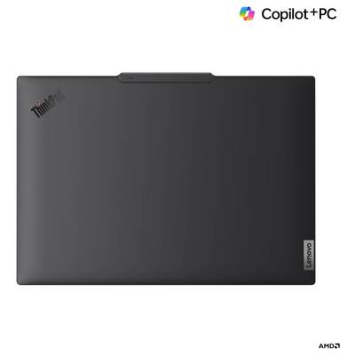 Ein geschlossener Lenovo ThinkPad Laptop, von oben betrachtet. Sichtbare Markenlogos: 'ThinkPad', 'Lenovo', 'Copilot+PC' und 'AMD'.