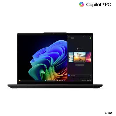 Ein Laptop, der ein Windows-Betriebssystem mit bunter Bildschirmgrafik zeigt und eine Seitenleiste mit Funktionen der 'Copilot'-Anwendung präsentiert.