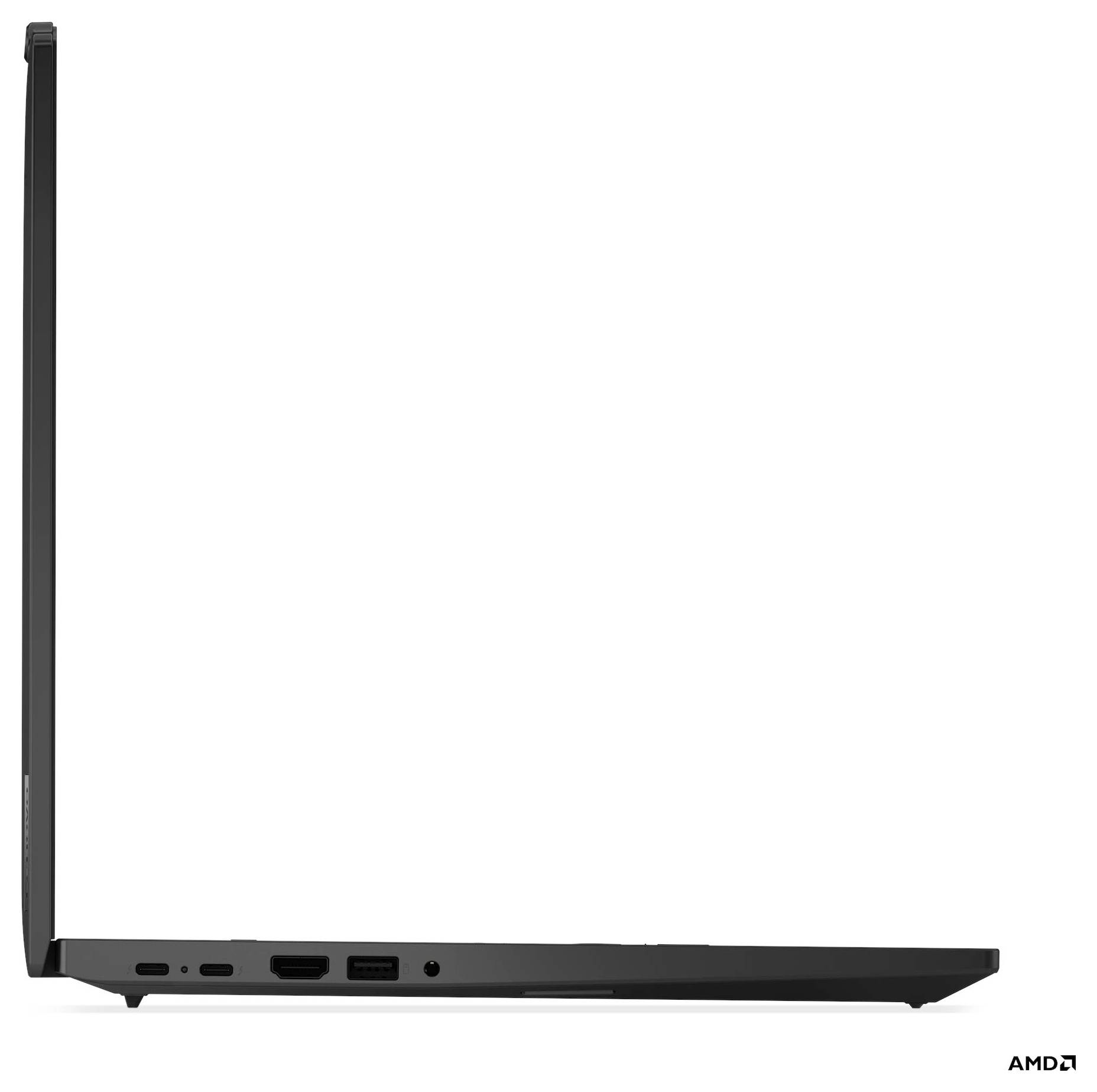 Seitenansicht eines dünnen, teilweise geöffneten Laptops, der die Anschlüsse auf der linken Kante vor einem weißen Hintergrund zeigt. Das AMD-Logo befindet sich in der Ecke.