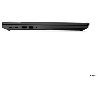Ein geschlossener schwarzer Laptop, von der Seite betrachtet, mit mehreren Anschlüssen entlang des Randes und einem 'AMD'-Logo in der unteren rechten Ecke.