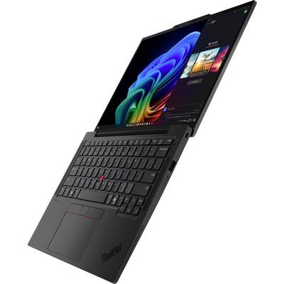 Ein schwarzer Laptop, halb geöffnet, mit einem sichtbaren Bildschirm, der bunte Grafiken zeigt, und einer Tastatur mit einem roten Zeigestift.