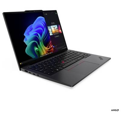Ein schlanker, schwarzer Laptop mit einem beleuchteten Bildschirm, der farbenfrohe Grafiken und eine Benutzeroberfläche zeigt, mit einer Seitenansicht der Tastatur.