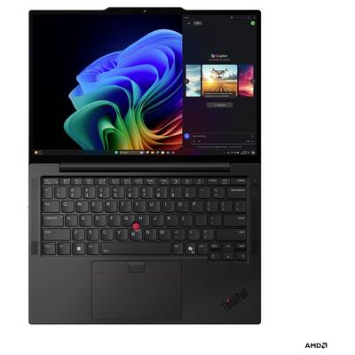 Ein schwarzer Laptop, der den Windows-Desktop mit bunten Grafiken auf der einen Hälfte des Bildschirms und eine Foto-Bearbeitungs-App mit Bildern auf der anderen Hälfte anzeigt.