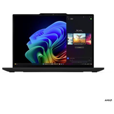 Ein Laptop, der eine lebendige Betriebssystemoberfläche mit einem bunten Wirbeldesign zeigt, auf dem rechts eine geöffnete Softwareanwendung zu sehen ist.