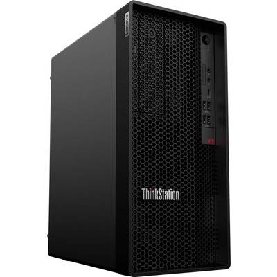 Ein schwarzer Lenovo ThinkStation Desktop-Computerturm mit sechseckigem Gitterfrontpanel und mehreren Anschlüssen steht in einer Studiosituation.