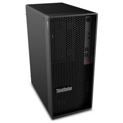 Ein schwarzer Computer-Tower mit der Bezeichnung "ThinkStation P2" und einem sechseckigen Lüftungsdesign, USB-Anschlüssen und Powerknopf auf der Frontplatte.