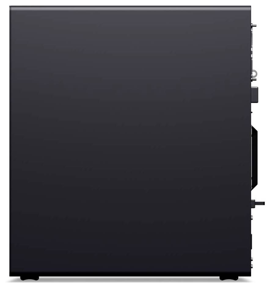 Ein schlanker schwarzer Computertower, von der Seite betrachtet, mit einem minimalistischen Design ohne sichtbare Anschlüsse oder Merkmale.