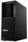 Ein schwarzer Desktop-Computertower mit Wabennetzfront-Design, beschriftet mit 'ThinkStation'.