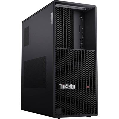 Ein schwarzer Lenovo ThinkStation Computer-Tower mit einer Mesh-Frontblende, an der Anschlüsse und das Markenlogogut sichtbar sind, konzipiert für leistungsintensive Aufgaben.