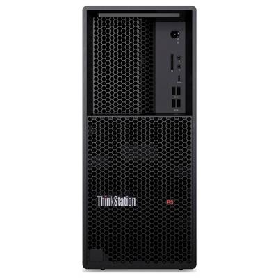 Ein schwarzer Lenovo ThinkStation P3 Desktop-Tower mit einem Frontpanel im Wabenmuster und sichtbaren Anschlüssen unterhalb des Powerknopfs.