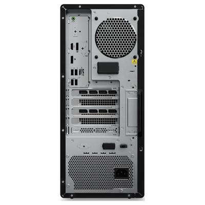 Das Rückpanel eines Desktop-Computer-Gehäuses mit verschiedenen Anschlüssen, einschließlich USB- und HDMI-Ports, Erweiterungssteckplätzen und Lüftungsschlitzen.