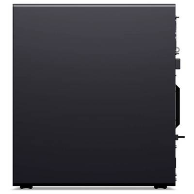 Ein schwarzes Computer-Tower-Gehäuse, von der Seite betrachtet, mit einem minimalistischen Design und einer ebenen, glatten Oberfläche.