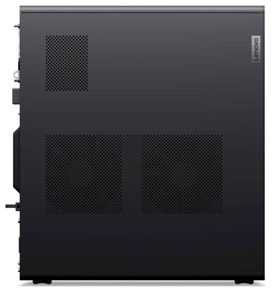 Ein schwarzer Desktop-Computerturm mit Lüftungsöffnungen an der Seite und einem sichtbaren Logo in der oberen rechten Ecke.